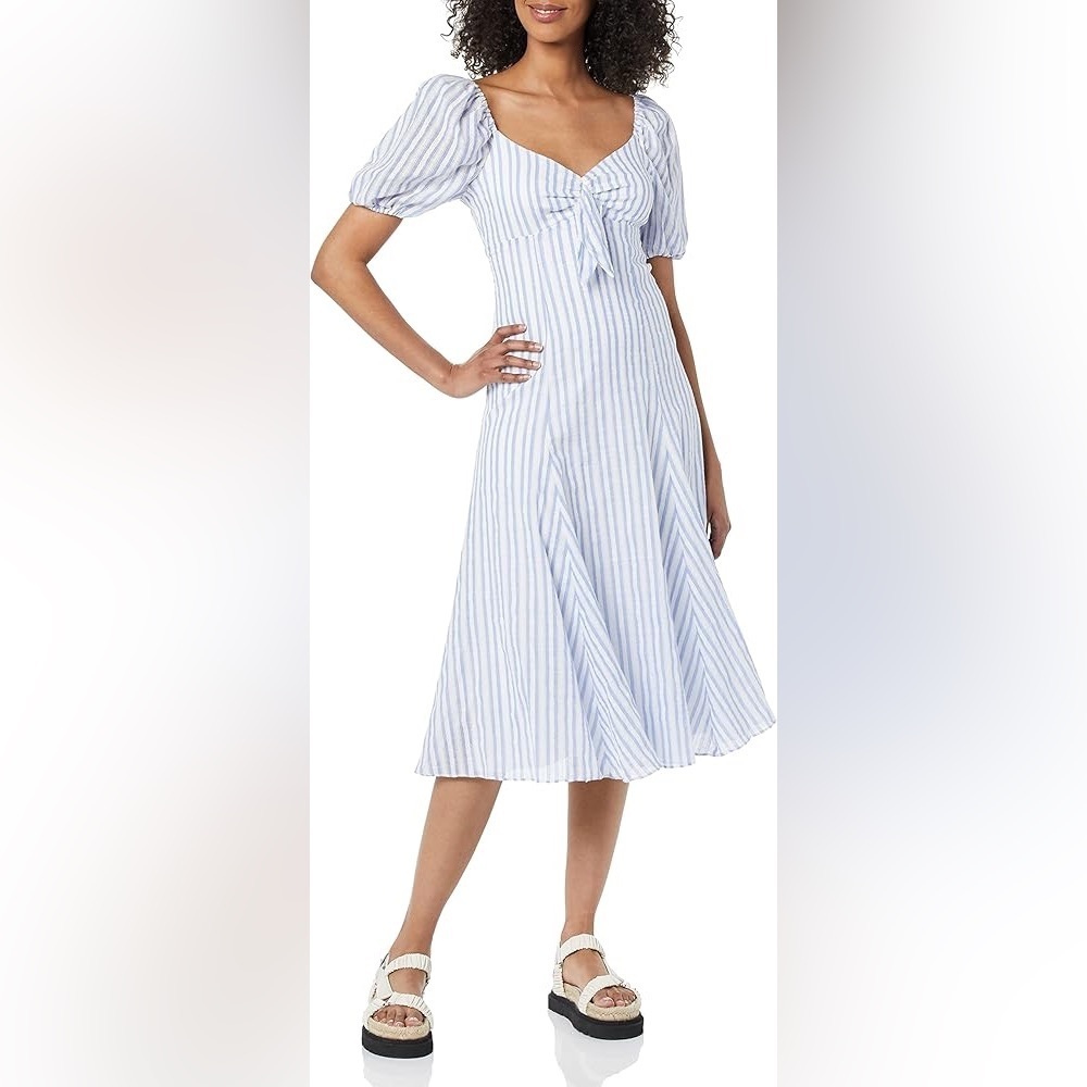 Likely Kara Striped Puff Sleeve Midi Dress Blue White Tie Front Coastal Cottage